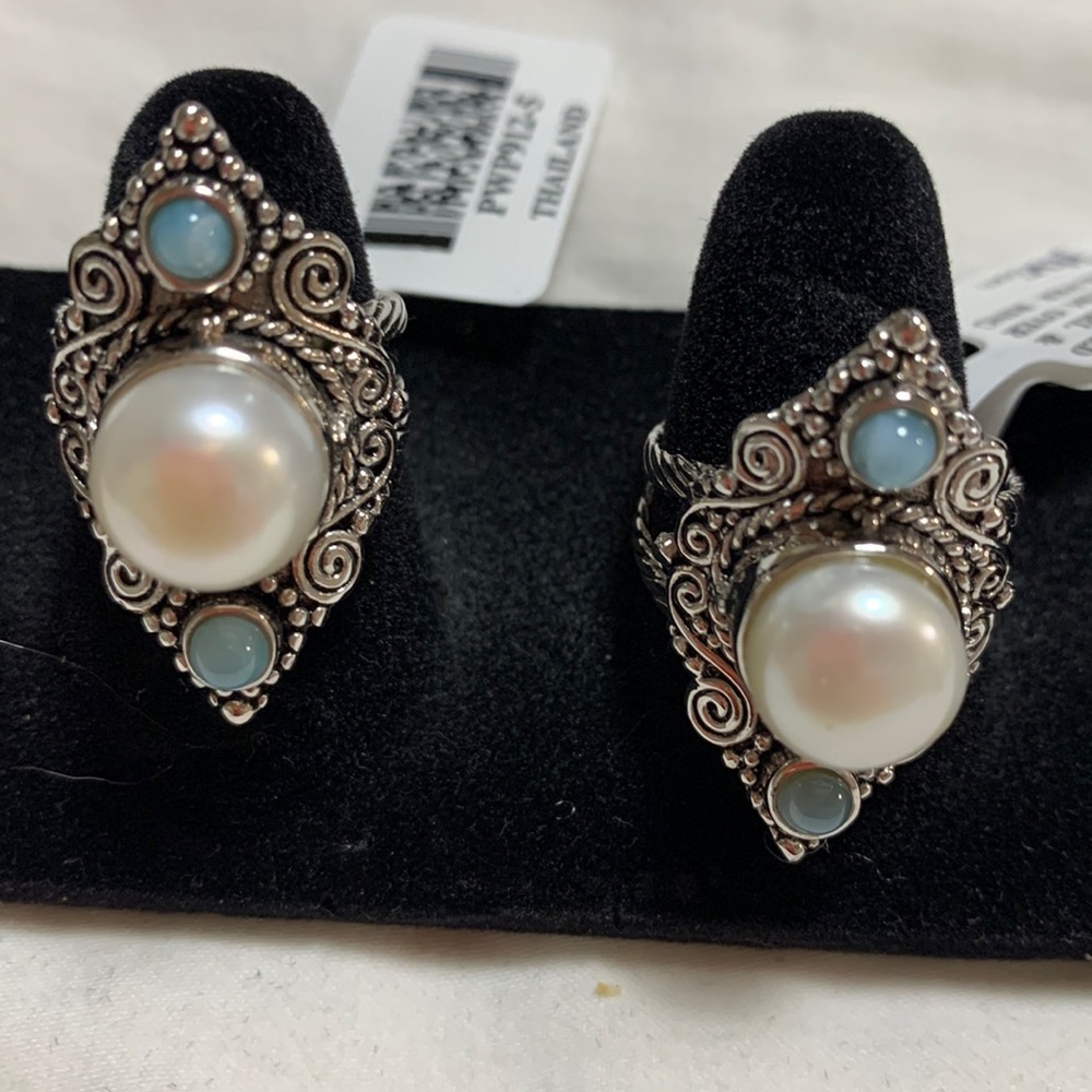 NWT JTV Cultured Freshwater Pearl & Larimar Rings Rhodium over Sterling Silver